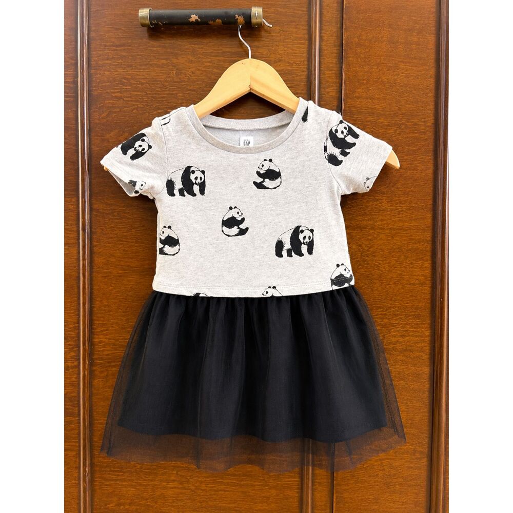 Baby Gap Panda Tulle Dress 3T Gray Black Short Sleeve Toddler EUC